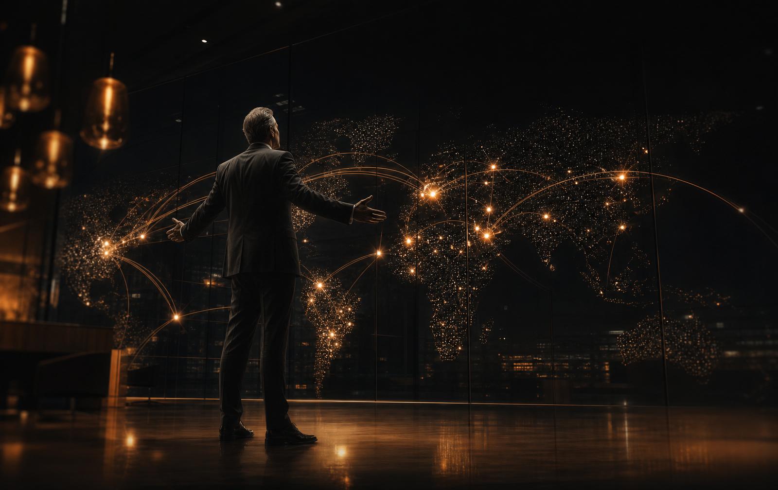 A single operator coordinating XCAILE's global delivery models across a world map of glowing nodes