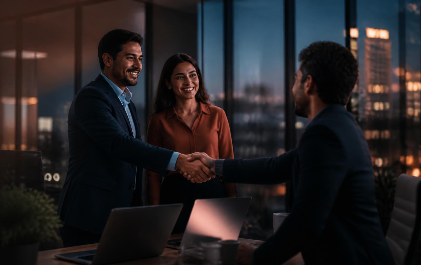 Two professionals shaking hands as a colleague introduces them in a modern office at dusk